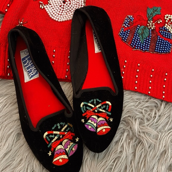 laura tyler Shoes - VINTAGE 90s Velvet Christmas Flats 9 Kitschy